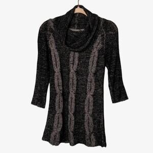 NY COLLECTION Womens Sz S Black Gray Cowl Neck Cable Knit Pullover Sweater Tunic